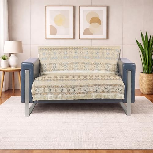 Image of Elegant Woven Beige Sofa Cover - Soft Chenille Traditional Pattern with Lace Style | L-Shape Sectional Seat Protector for Living Room | Durable & Stylish Slipcover 2 Seater Sofa Cover