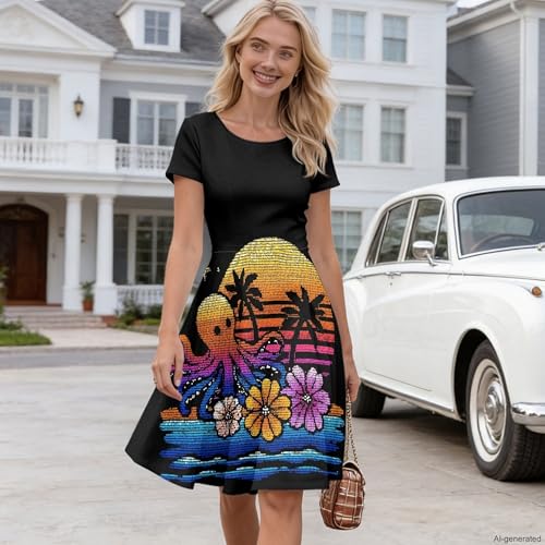 Image of Forchrinse Womens Summer Dresses Casual Hawaiian Octopus Crew Neck Midi Dress Plus Size Short Sleeve A Line Dresses Comfort Beach Sunndress Size S-4XL