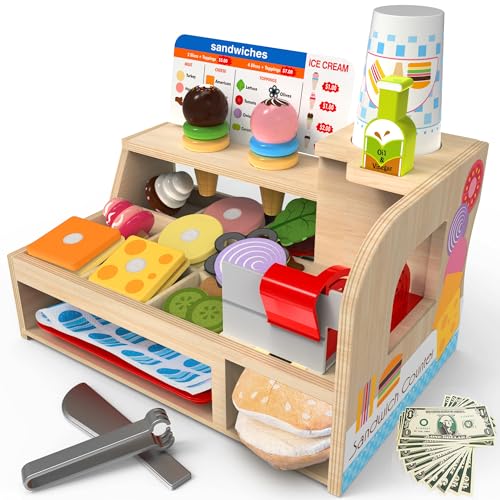 Wooden Slice & Stack Sandwich Counter with Ice Cream Toy for Toddlers, 54-Piece Wooden Play Food Set for Kids, Pretend Food for Play Kitchen, Grocery Store Pretend Play for Boys & Girls Ages 3+ Wooden Slice & Stack Sandwich Counter with Ice Cream Toy for Toddlers, 54-Piece Wooden Play Food Set for Kids, Pretend Food for Play Kitchen, Grocery Store Pretend Play for Boys & Girls Ages 3+