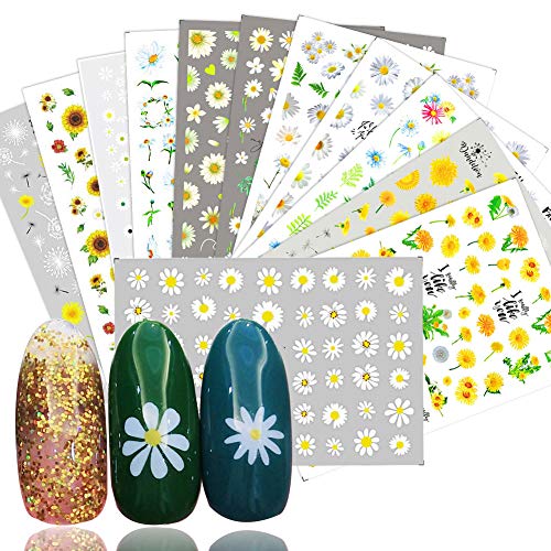 Flowers Nail Art Stickers Decals Nail Supplies 12 Sheets Sunflower Daisy Nail Sticker for Design Decoration Sunflower 3D Self-Adhesive Decals for Nail Manicure Design