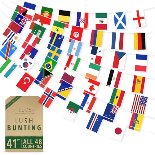 Premium Reusable World Cup Bunting 2026 - All 48 Qualified Teams - World Cup Football 2026 Decorations - As seen on TV 100% Premium Polyester Flag Bunting Banner (41ft 48 Country Flags)