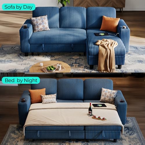 Image of LINSY HOME Sectional Couches for Living Room, 81 inch L Shape 3 Seats, Blue | Sleeper sofa with pull out couch bed, corduroy couch with storage