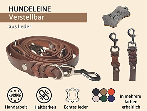 VlaMiTex D2 Freihandleinen Hundeleine Leder Hunde Führleine Fettlederleine Verstelbar 6 Farben (Braun, 2 x 250 cm)