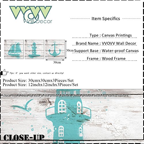 VVOVV Wall Decor Teal Bathroom Wall Art Turquoise Pictures Nautical Bathroom Decor Canvas Prints, 12x12inchx3Pieces - Image 2