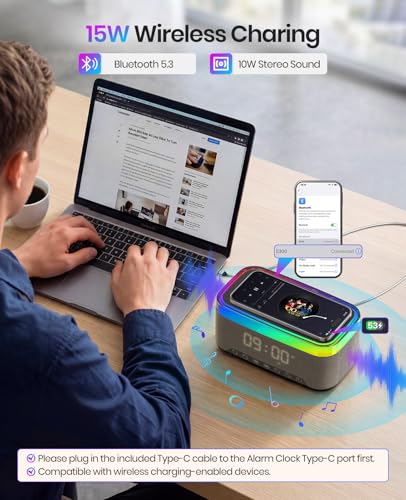 Alarm Clock with Wireless Charging, Alarm Clocks for Bedrooms, Bluetooth Alarm Clock, RGB Night Light - Multi-Functional Smart Alarm Clock for Adults & Teens Black - Image 3