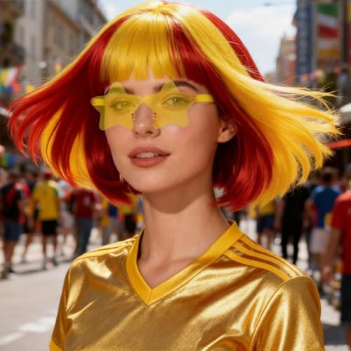 Image of ANOGOL Hair Cap + (Sunglasses) Red Yellow Bob Wig with Bangs Womens Red Yellow Party Wigs with Sunglasses Short Neon Wig Fun Wigs Halloween Costume Bachelorette Hair Sports Event