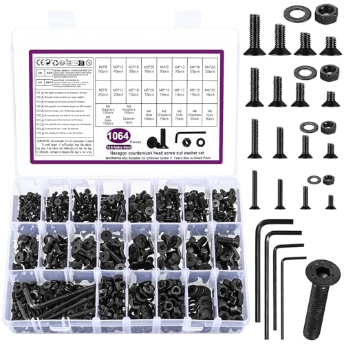 Juego de 1064 tornillos M3, M4, M5 y M6, tornillos de cabeza avellanada, tornillos hexagonales de cabeza plana con tuercas y arandelas, juego de tornillos de máquina negros, tornillos roscados y