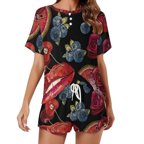 Vêtements de nuit ete femme respirants à manches courtes motif lèvres