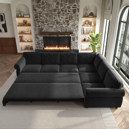 Image of KEIKI 118 inch Chesterfield Sleeper Sofa, Chenille Sectional Couch, Black