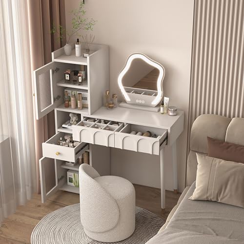 Stylish Makeup Vanity,Vanity Desk with Mirror & Light, Large Drawer & Three Level Storage Dresser, 3 Lighting Modes Adjustable Brightness Cute Vanity Makeup Table(35.4in)
