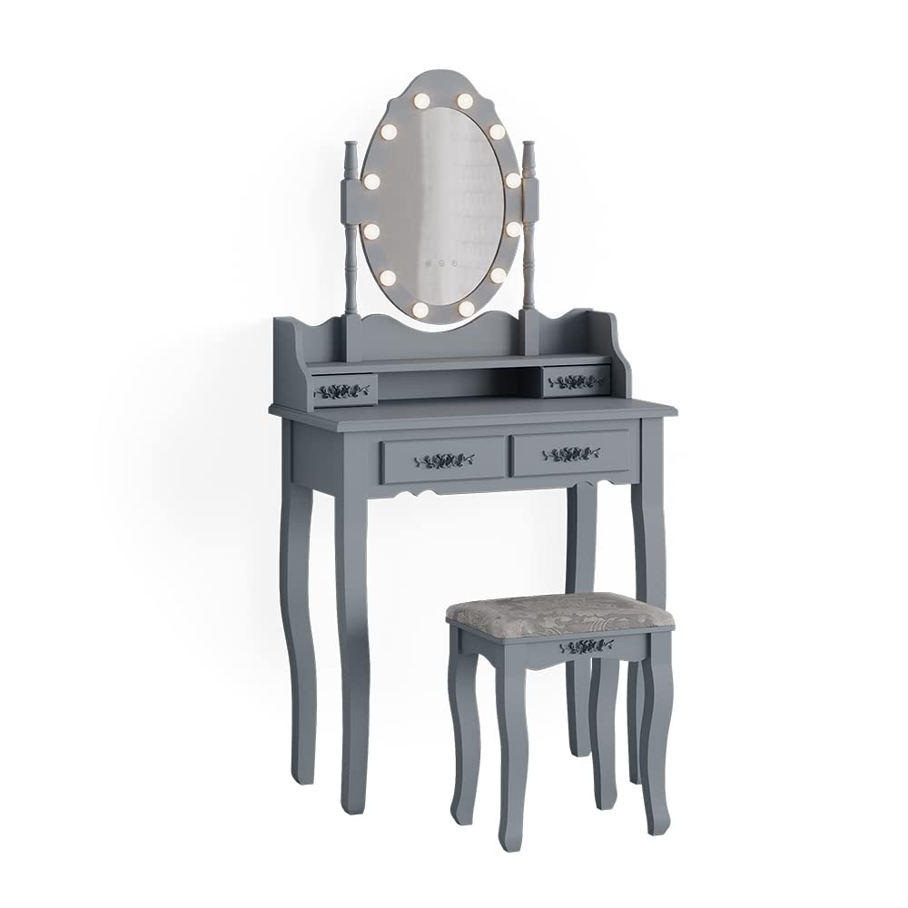 Vicco Schminktisch Maggie, Grau, 75 cm | mit LED Beleuchtung und Hocker, Vintage-Design verleiht jedem Raum Charakter und Charme