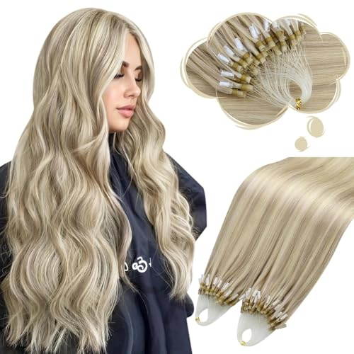 Image of Moresoo Micro Bead Hair Extensions Real Human Hair, Ash Blonde Highlight | 22 inch, 50g 50 strands, micro bead compatible, icy blonde dimension, long hairstyles, photoshoots, glam styling