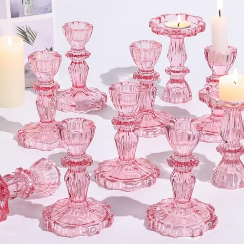 Simeitol 12pcs Taper Candle Holders, Candlestick Holders, Glass Candle Holder - Vintage Flower Design Candle Holders for Wedding, Baby Shower & Mother's Day Decorations (Pink)