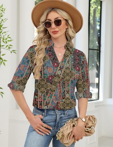 Image of LOMON 3 /4 Length Sleeve Womens Tops Dressy V Neck Collared Shirts Trendy Business Casual Work Blouses Vacation Outfits 2026