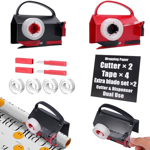 Wrapping Paper Cutter & Tape Dispenser– Dual-Use Gift Wrap Tool with 4 Tapes & 2 Replacement Blades – Paper Roll Holder for Christmas, Birthday, Holiday – Sliding Slicing Tube Design (2-Pack)