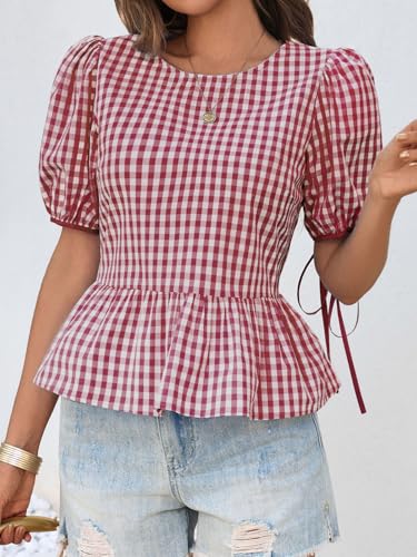 Cicy Bell Womens Puff Sleeve Gingham Blouse Summer Ruffle Peplum Babydoll Tops Cute Plaid Cotton Shirts3