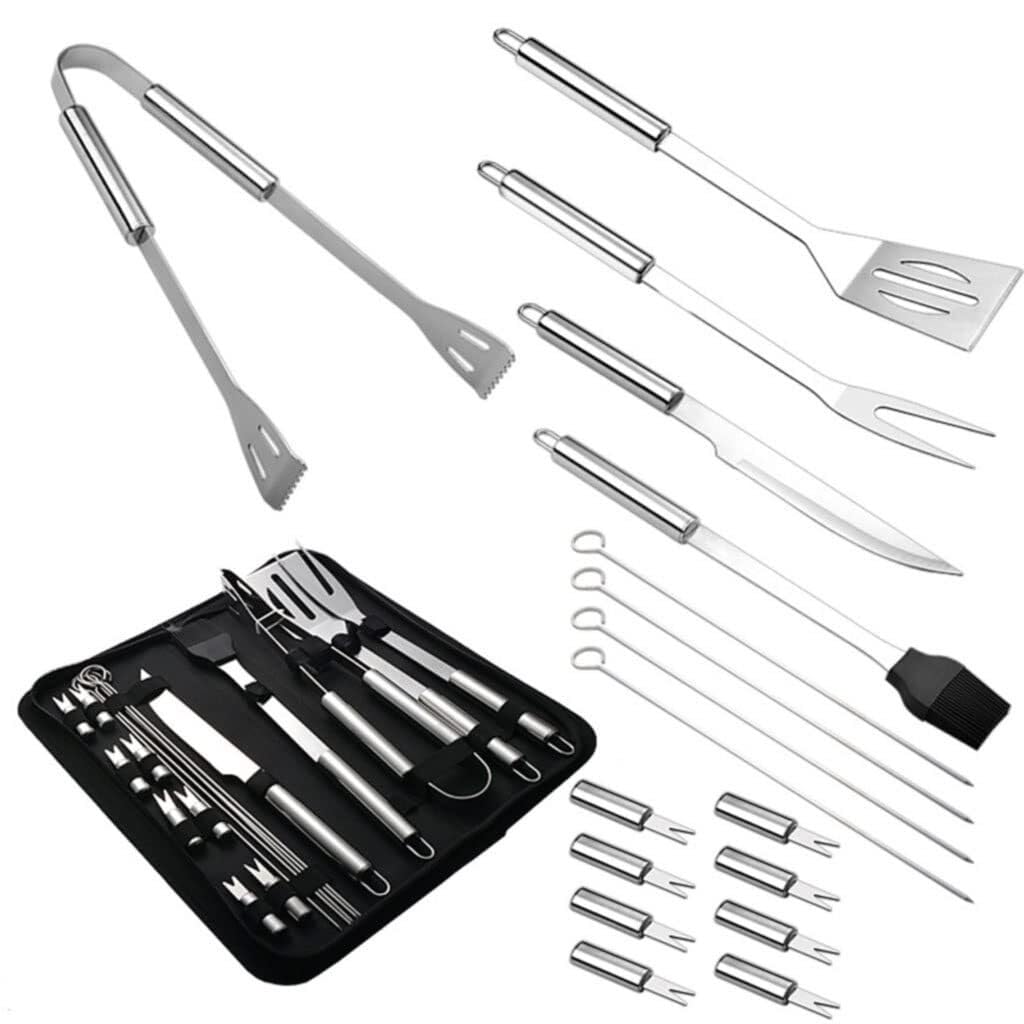 Juego de 18 Herramientas para Barbacoa con Bolsa de Transporte de Nailon, Kit de Utensilios de Acero Inoxidable para cocinar al Aire Libre, Acampar y Asar en el