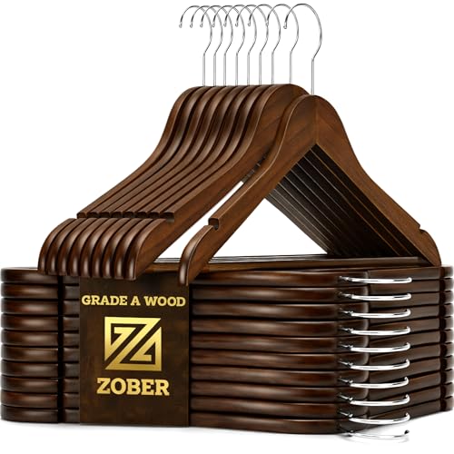 ZOBER Wooden Hangers - Heavy Duty, Non Slip Wood Hangers for Coats, Jackets, Suits, & Pants - Coat Hangers for Closet W/Bar and Notches 20 Pack