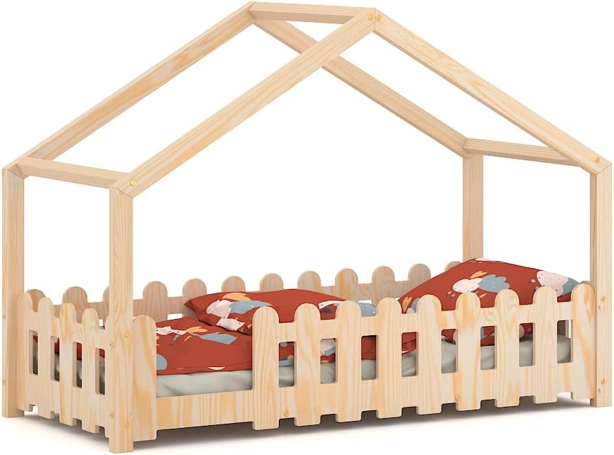 WNM Group Cuna de 190 x 90 cm de madera contrachapada de pino Colin - Cama para niños con protección contra caídas - Cama Montessori para niñas y niños - Lado izquierdo - Pino natural
