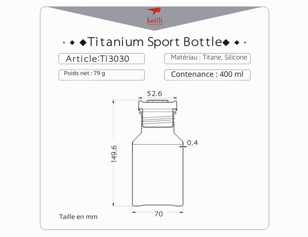Keith Bouteille d'Eau en Titane Avec Bouchon à Baïonnette, Ti3032, 400ml – Gourde de Voyage Pour Eau, Thé et Café, Idéale Pour l’Hydratation en Plein Air, Camping et Randonnée (18.0x9.2x7.3)