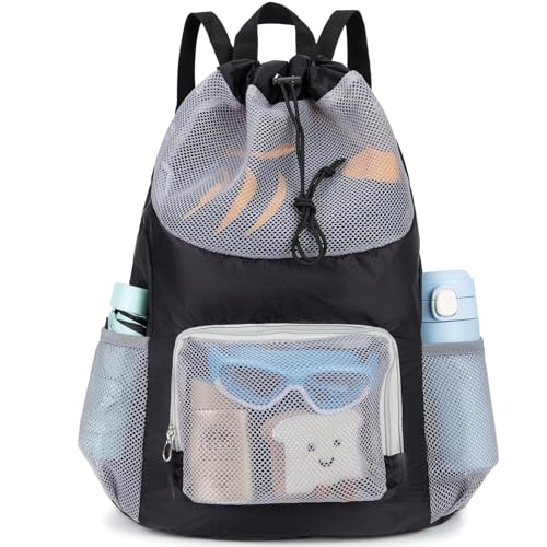 Veious Swim Bag for Kids Mesh Beach Backpack for Boys Lightweight Drawstring Beach Bag Swimming Pool Sports Gym String Bag (Black)