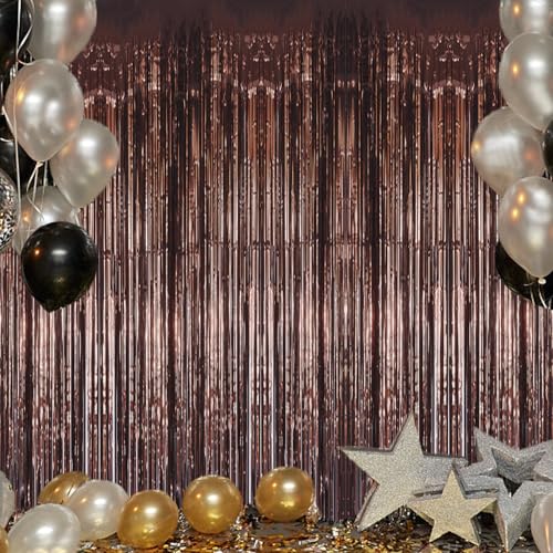 Image of DECOCKRAT 3 Pack Foil Fringe Backdrop - Brown Shiny Tinsel Curtains for Party Decoration /Photo Booth Props - 3.3x8.2 FT Metallic Foil Backdrop for Birthday, Wedding, Graduation, Christmas.