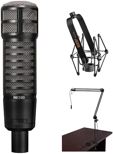 Electro-Voice Paquete de micrófono vocal e instrumento dinámico variable D RE320 con soporte de choque de micrófono SSM-BC10 (negro mate) y brazo de