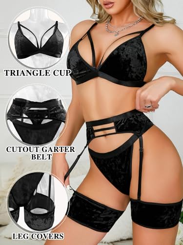 Image of popiv Women's Sexy Lingerie Set with Garter Belt Matching Bra and Panty Lingeries Sets 4 Piece