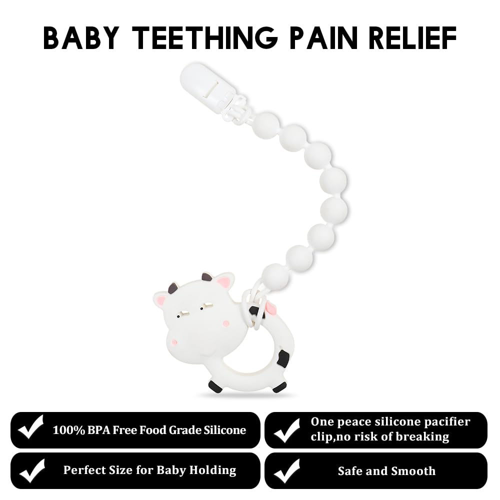 Baby Food Grade Silicone Teether Toy with One Piece Design Pacifier Clip Holder,Teething Pain Relief Toys Gift Set for 3 Months+ Boys and Girls,Freezer Safe,BPA Free. (Cow)
