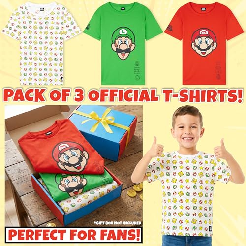 Image of Super Mario T-Shirt for Boys, 3-Pack Short Sleeve Graphic Tees, Crew Neck Summer Tops, Mario Luigi Gifts for Boys 5-14