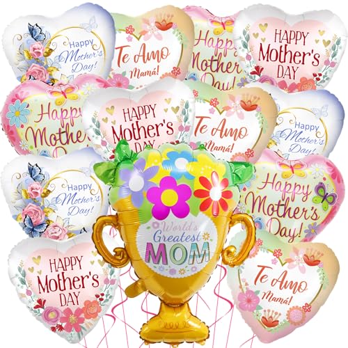 13Pcs Happy Mothers Day Balloons Heart Aluminum Foil Balloons Mom Balloon for Mothers Day Party Decorations and Grandmothers Birthday