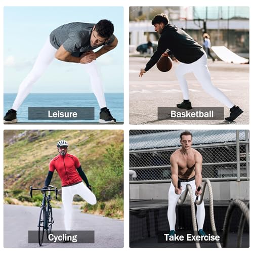 Towintec Mens Compression Pants Breathable Leggings Football Trousers Running Tights Training Pants Basketball Tights Workout Base Layer Bottom Athletic Gym White - Image 7