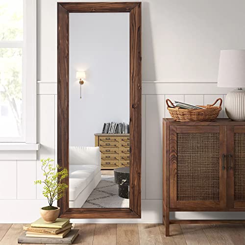 Image of NeuType 65 inchx22 inch Full Length Mirror Floor Mirror with Standing Holder Solid Wood Frame Large Bedroom Mirror Wall Mounted Mirror Hanging or Leaning Against Wall, Brown