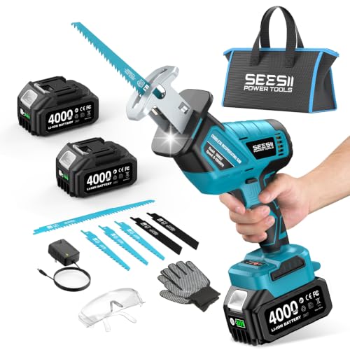 SEESII Säbelsäge Akku, 3500 RPM Bürstenloser Motor Akku Universalsäge mit 2 x 4.0Ah Batterien, LED Licht, 8 Sägeblätter tragbar für Holz PVC Schneiden
