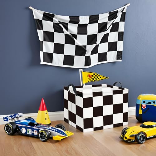 Image of Rectangular Checkered Basket Storage Bin Collapse Storage Basket with Handles for Organizing Home Kitchen Boys and Girls Toys Office Closet Shelf Baskets (Race Flag)