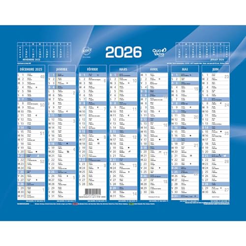 1 Calendrier de banque 2026-14 mois : Décembre 2025 à Janvier 2027 - Petit format : 135 x 180 mm - Bleu/Blanc - Quo Vadis