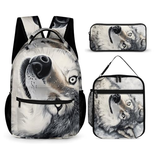 Gray Wolf Lying on Snow Funny Backpack Set Lunch Bag Pencil Case Makeup Bag 3 in 1 for Men Women Travel