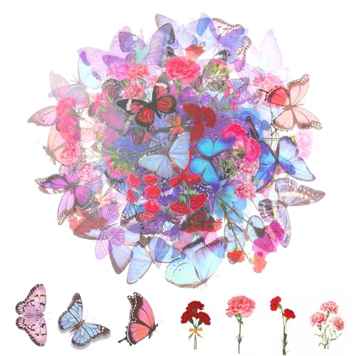 120 Transparente Scrapbooking Aufkleber, PET Blumen Schmetterling Aufkleber Sticker, Flower Stickers, Blumenaufkleber für Scrapbook Fotoalbum Sammelalbum Laptops Handwerk