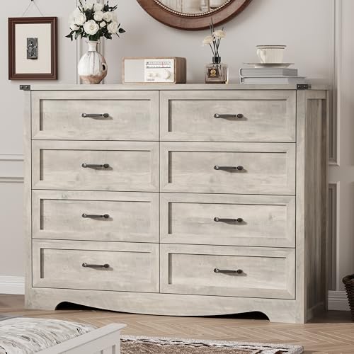 Image of Dresser for Bedroom with 8 Drawers, 54 inch Wide Wood Chest of Drawers with Deep Drawers & Mental Handle, Modern Dresser TV Stand, Wooden Closet Storage Organizer for Living Room, Hallway, Entryway, Grey