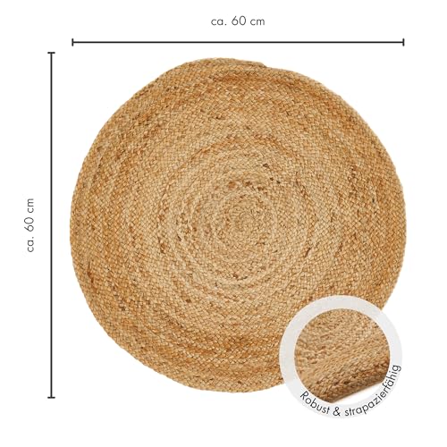 -LUXOR- living Teppich Mamda - Runder Jute Teppich alle Wohnbereiche oder als Dekoelement - Uni Farben Boho Naturteppich - aus Jute und Baumwolle 60 cm rund