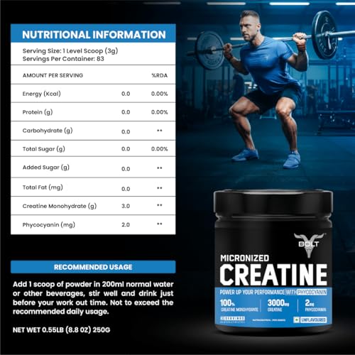 Image of Bolt Micronised Creatine Monohydrate 3000 Powder|With Phycocyanine|Boosts Athletic Performance|Provides Energy Support For Heavy Workout|Formulated In Usa| 250 grams (0.55Lb),83 Serving|Unflavored