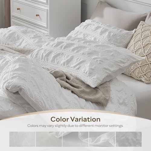 Image of JELLYMONI Seersucker Duvet Cover Set Full, 3pcs White-Grid Polyester | In Guest Room & Studio, Single Upgrades Pick, Crinkled Texture, Oeko-Tex Certified, 8 Corner Ties & Hidden Zipper