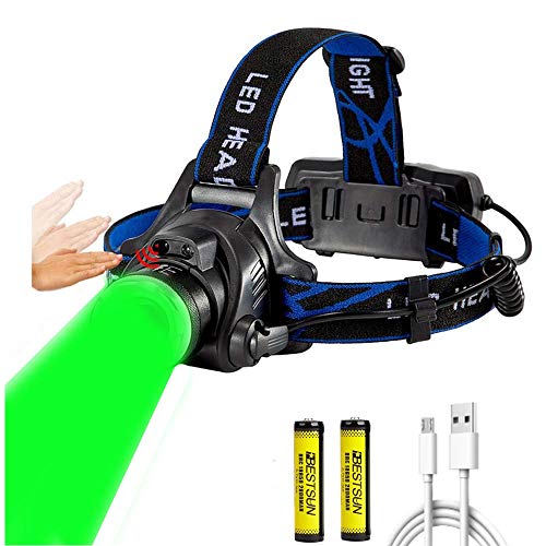 Lampe frontale à lumière verte, 800 lumens Lampe frontale de chasse verte à induction Lampe frontale LED Zoomable 3 modes Lampe frontale pour la nuit Coyote Hog Varmint Predator avec barreries