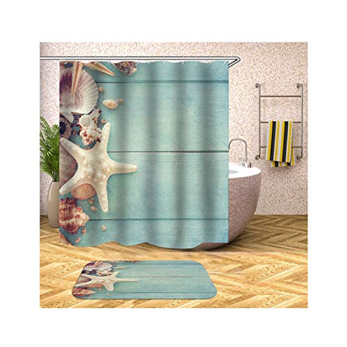 Polyester Duschvorhang & Badezimmerteppich Set Seestern Muschel Schiffsbrett Bad Vorhang Badvorleger 120x180CM mit 12 Duschvorhangringen