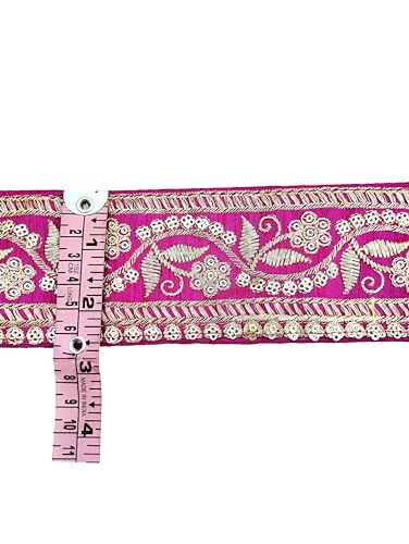 Image of Embroidery Gold Work with Sequence Design Lace Border Falls for Saree, Kurti, Dresses, Bandhani, Lehenga, Decorative Ribbon (6.5 cm Width) (6 Meter, Pink)