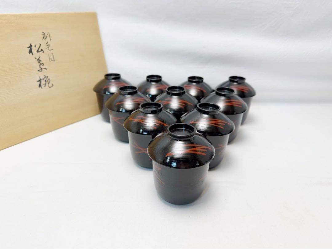 未使用 懐石道具 漆匠 表清作 木製 刷毛目 松葉箸洗 小吸物椀 十客揃 共箱 懐石道具 漆匠 表清作 木製 刷毛目 松葉箸洗 小吸物椀 十