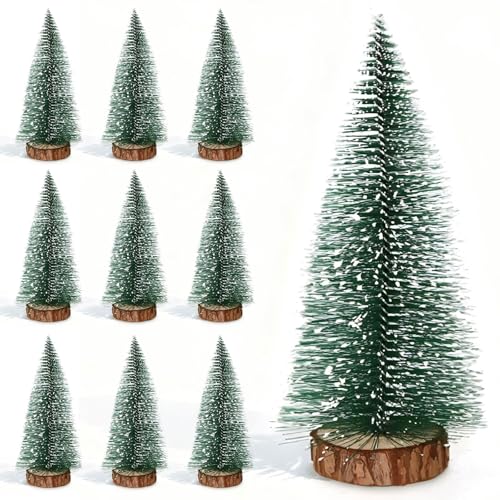 Druuzyl 10 Piezas Mini Árbol de Navidad 15cm con Base de Madera - Set de Árboles Artificiales de Sisal, Decoración para Mesa/Navidad, Micro Paisaje Invernal