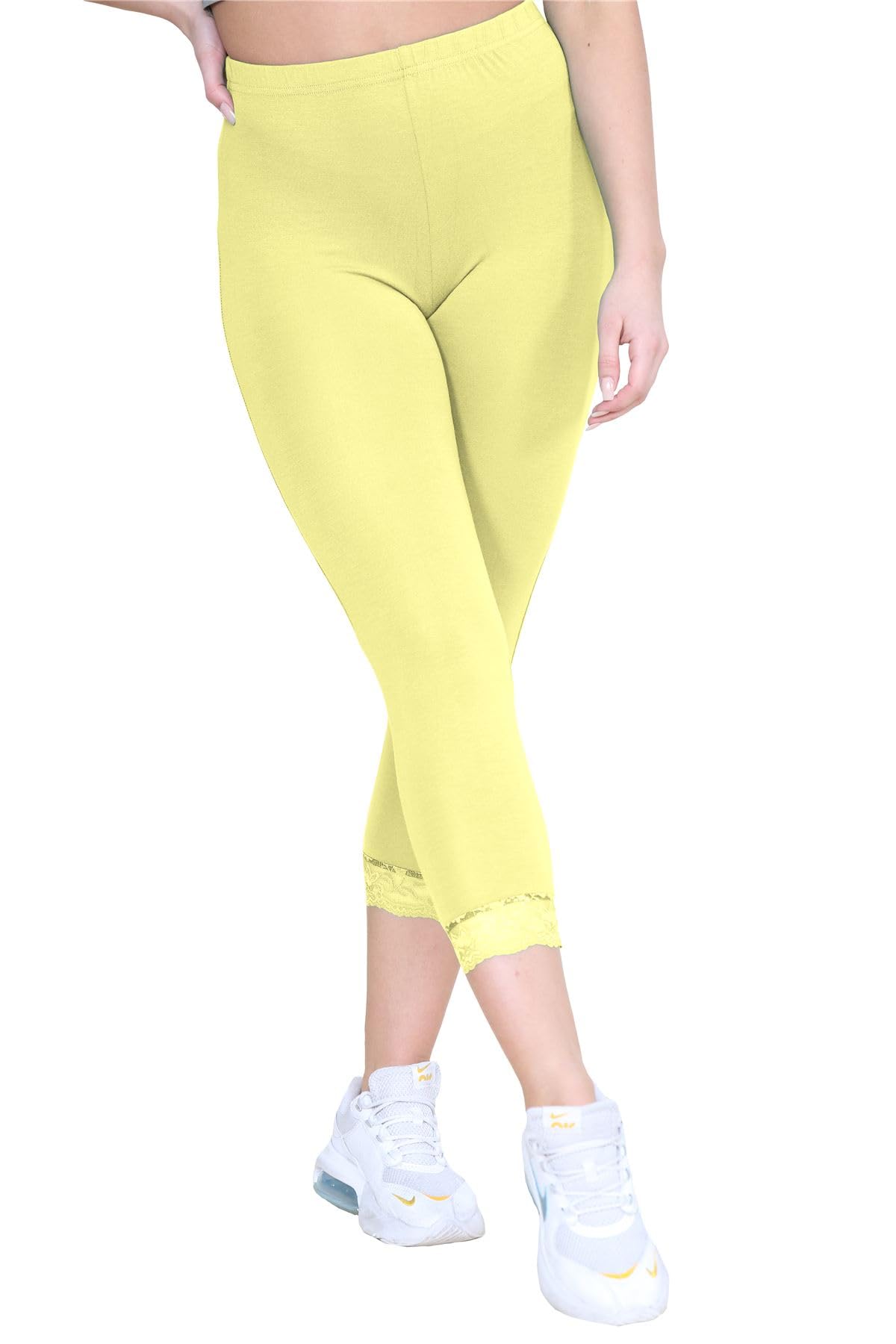 Hamishkane Women's Yellow Plain Lace Trim Stretchy 3/4 Length Capri Jegging Crop Leggings Pants