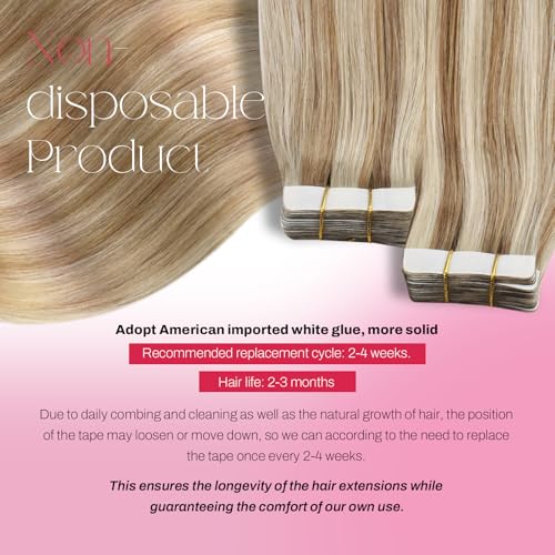 Image of Moresoo Tape Hair Extensions Brown Blonde Highlights 24in 20Pcs 50g | Tape extensions human hair, long straight strands, blended highlights, flat tabs for braids, photo shoots and evenings