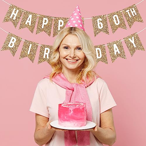 Image of Pre-Strung Happy 60th Birthday Banner - Gold Glitter Birthday Banner | No DIY - Gold Glitter 60th Party Decorations for Men & Women - Pre-Strung on 6 ft Strands - Bday Party Decorations & Decor